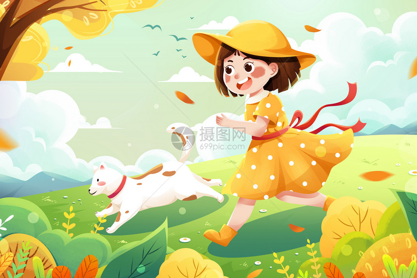 清新二十四节气立秋草地上奔跑女孩与狗秋季插画图片