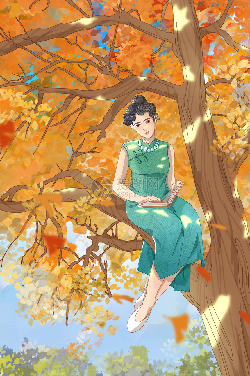 秋季银杏树上旗袍少女插画图片