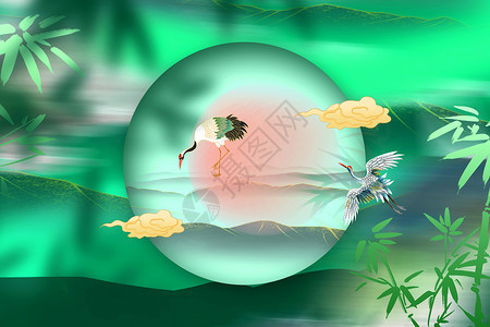 竹叶上鸟中式国潮竹影背景设计图片