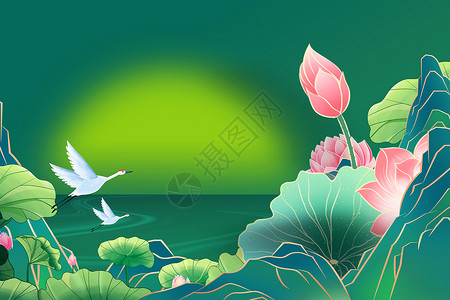 紫藤园国潮荷花背景设计图片