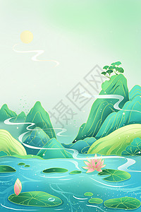 国风夏季池塘插画图片