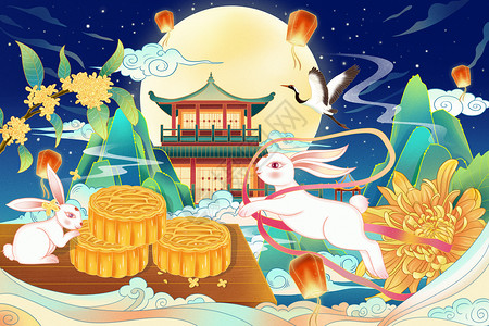 传统节日中秋国潮创意插画背景图片