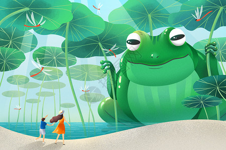 世界野生动植物日夏季荷塘亲子探索儿童绘本扁平风插画插画