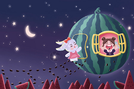 孩子扮演小兔子夏夜星空女孩和兔子治愈可爱插画插画