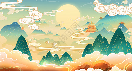风景中国国潮风景中式海报背景设计图片