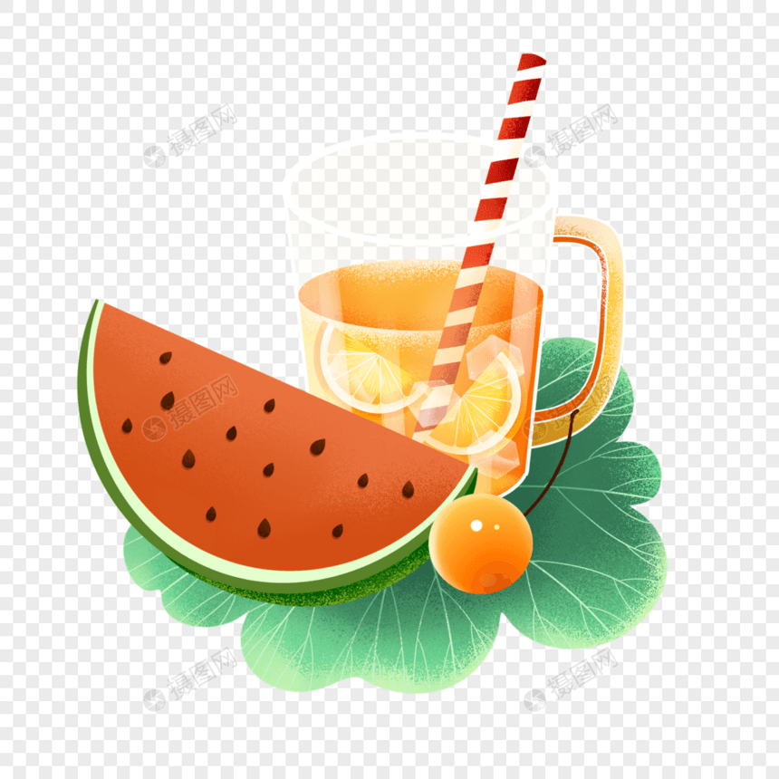 夏天大暑西瓜冰镇橙汁插画元素图片