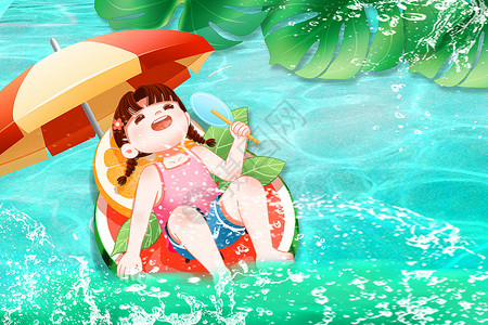 夏天泳装小女孩夏日清凉水池设计图片