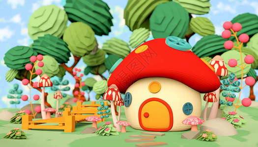 童趣夏日森林蘑菇屋场景背景图片