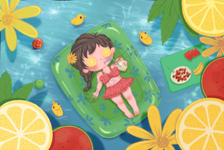 浮板上男孩夏季游泳清凉插画GIF高清图片