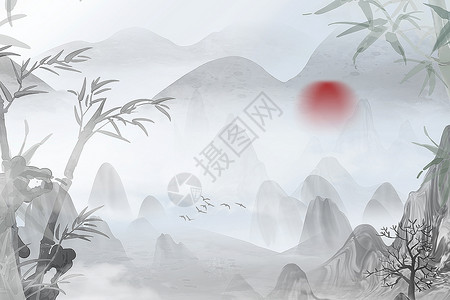 水墨中国风山水竹林意境图图片