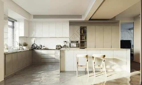 极简风格现代装修3D简约厨房场景设计图片