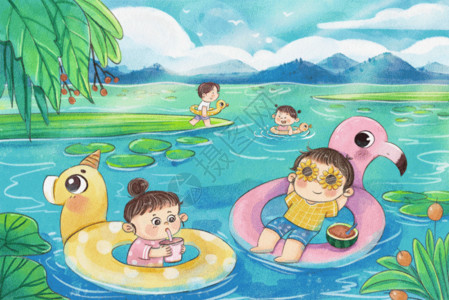 小孩水彩夏日儿童游泳可爱治愈插画GIF高清图片