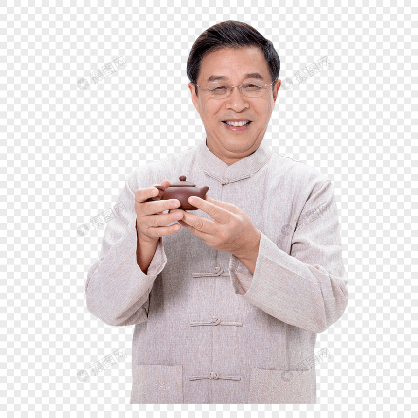 老人开心双手拿着紫砂茶壶图片