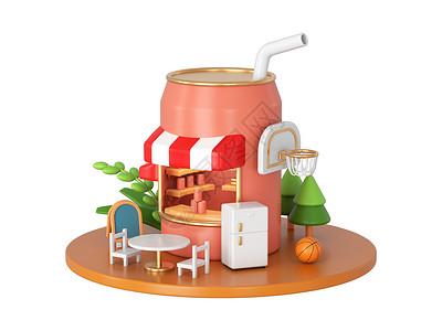红龙果奶茶茶饮C4D夏天冷饮创意饮品店铺桌椅冰箱插画