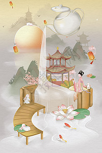 原创中秋节月饼中国传统节日中秋节美女赏月国风创意插画插画