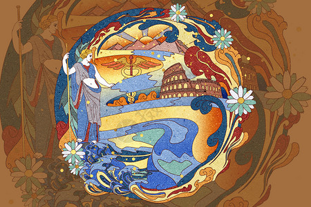 蓝色黄色国潮风丝绸之路系列古罗马神女望山海古罗马斗兽场插画背景图片