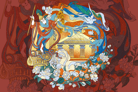 国潮风丝绸之路系列雅典神殿女神插画高清图片