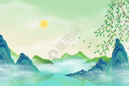 中式的凉亭绿色唯美清新国潮背景GIF高清图片