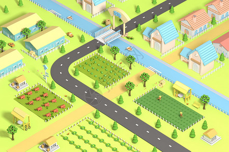 新生活立体字新农业之C4D简约绿野农场生活场景插画