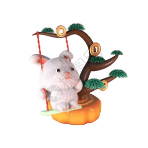 小飞机卡通模型3d立体动态中秋节兔子月饼兔荡秋千高清图片