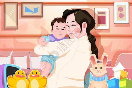 照顾家庭母亲在孩子玩具中拥抱婴儿插画