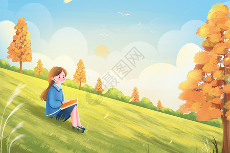 枫叶景色24节气草地看风景的女孩插画