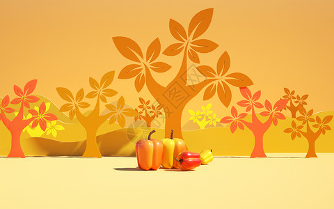 三维橘子创意秋天场景设计图片