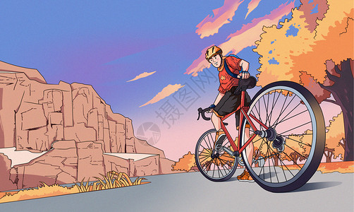 男孩在单车运动秋天骑行者插画