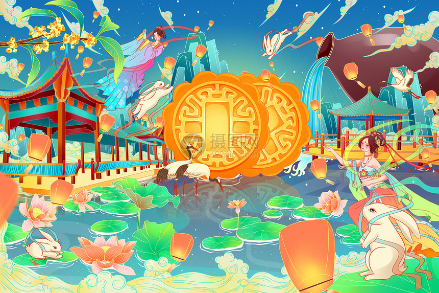 传统节日中秋月饼古建筑国潮手绘插画图片