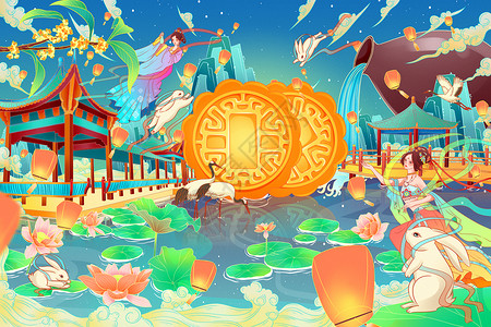 传统节日中秋月饼古建筑国潮手绘插画背景图片