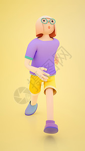 央视大裤衩短发女孩跑步动态3D人物模型插画