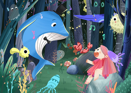鱼儿历险记小女孩与海豚插画高清图片