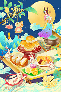 中秋节月饼和茶中秋传统节日国潮插画插画