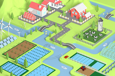 C4D绿色背景C4D有机农业农场场景插画