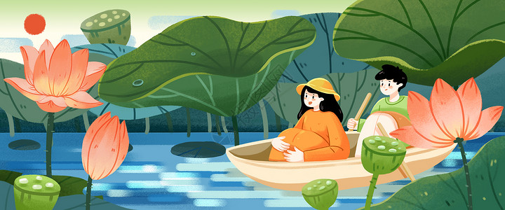 划船旅游的情侣处暑夏天节日节气插画插画