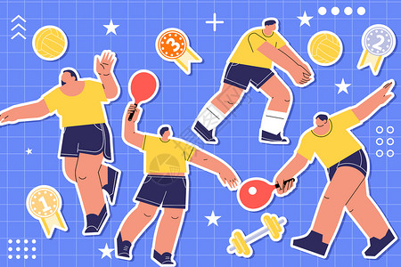 乒乓球和乒乓球拍运动会运动员贴纸矢量插画插画