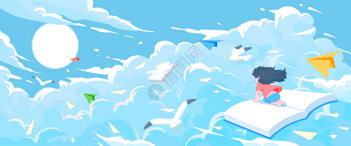 扔纸飞机开学啦小女孩坐着书飞翔在天空插画banner插画