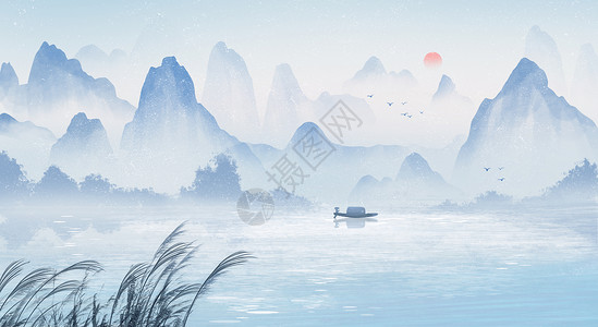 水的海报素材清晨桂林水墨意境插画