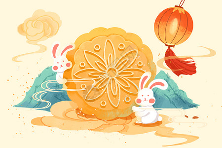 中秋广式月饼中秋传统节日兔子插画插画