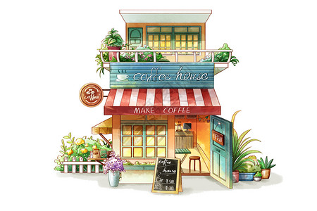 咖啡店建筑水彩两层独栋红色遮阳棚咖啡店手账元素插画