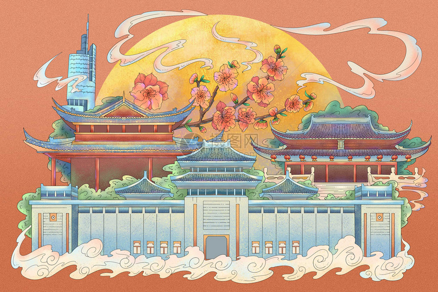 南京国潮风城市气氛插画图片