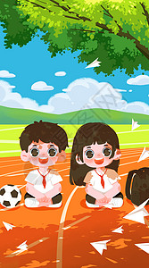 足球特训班海报开学啦学生坐在操场上开屏插画插画