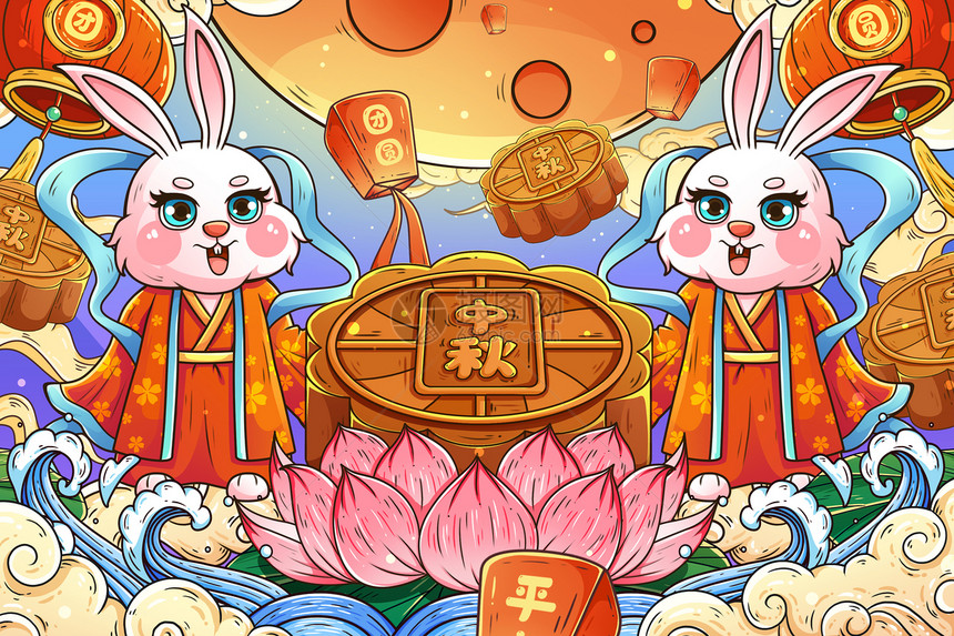 八月十五中秋节玉兔月饼插画图片