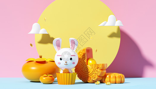 中秋节兔子三维插画图片