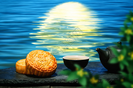 月饼茶和月亮中秋节唯美湖面满月倒影设计图片
