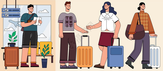 机场拉行李箱SVG插画组件之出行扁平人物动态插画