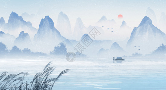 中国渔村白露中国风水墨画桂林山水GIF高清图片