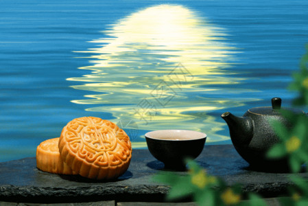 茶壶标识中秋节唯美湖面满月倒影gif动图高清图片