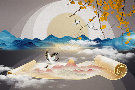 山楂卷山水画卷背景设计图片