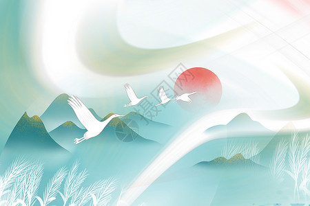 芦苇鸟清新国风白鹭背景设计图片